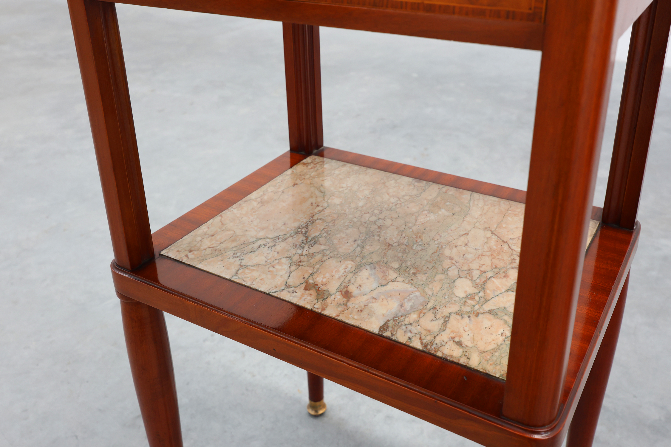 Pair of French Art Deco bedside tables with marquetry and marble tops, 1940sthumbnail